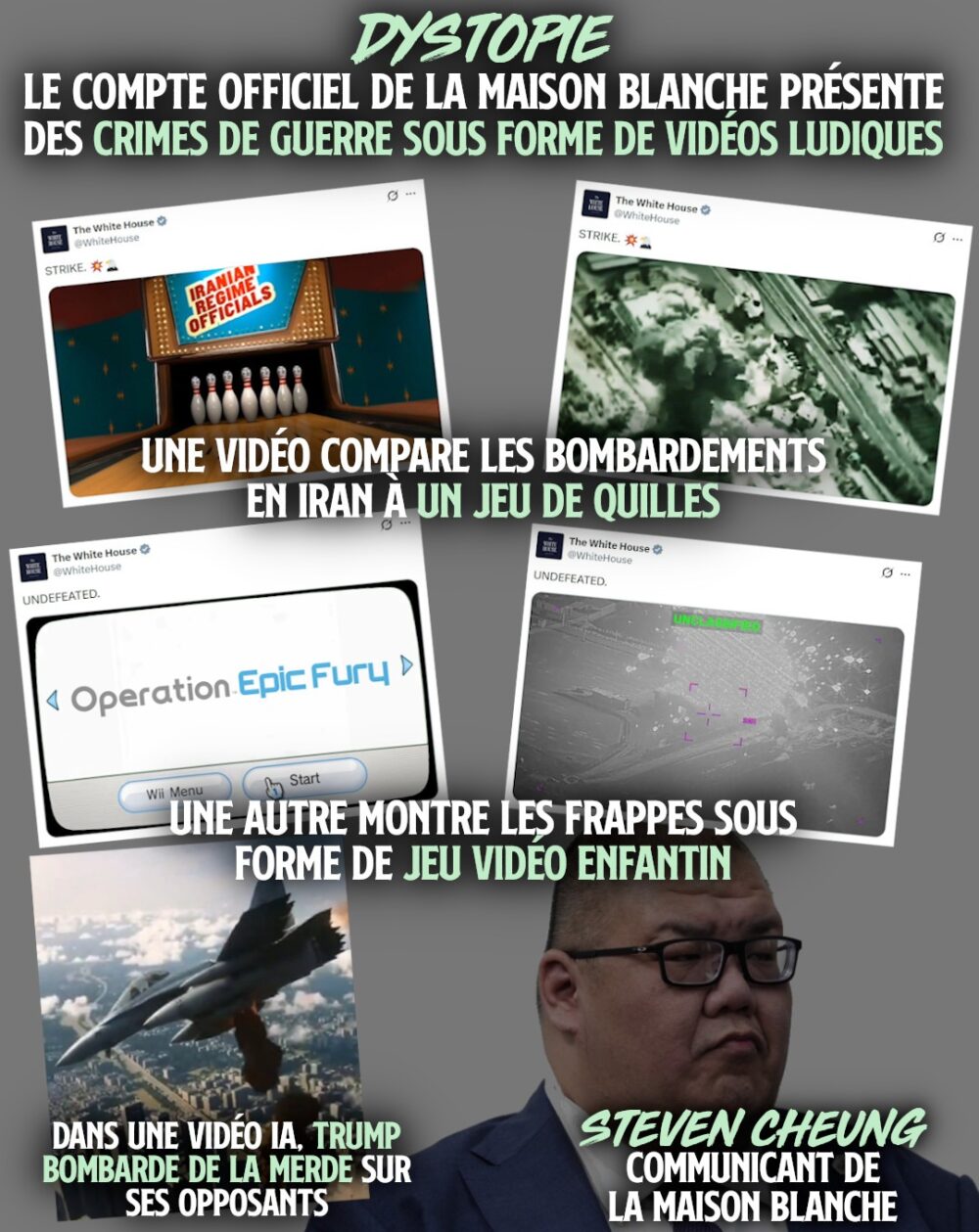 Steven Cheung, le communicant de la Maison Blanche, et quelques montages inhumains postés par les USA.