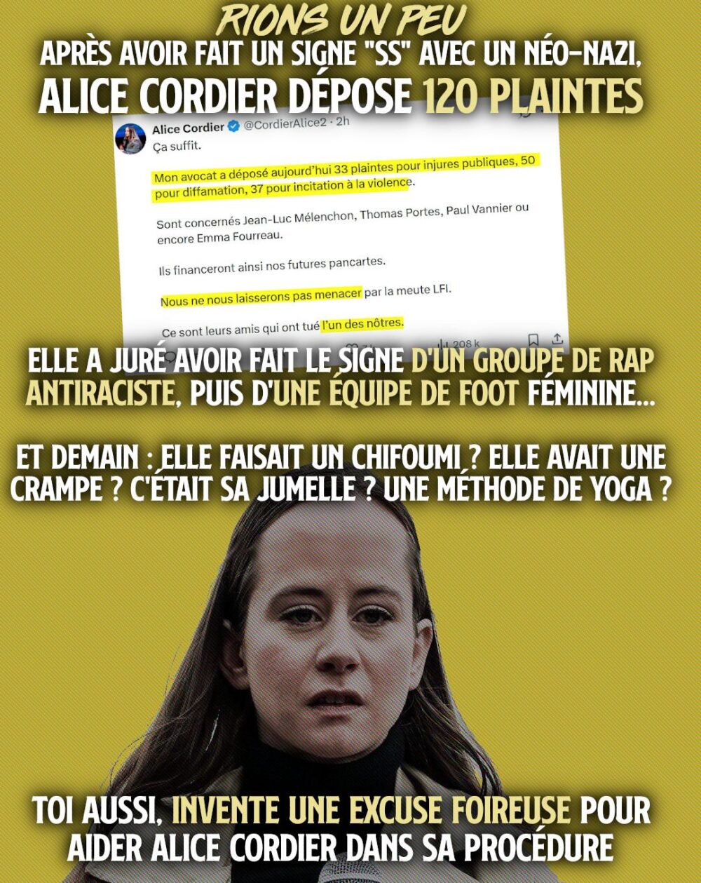 Alice Cordier, cheffe du groupe fémonationaliste Némésis et complètement débile, a déposé 120 plaintes.