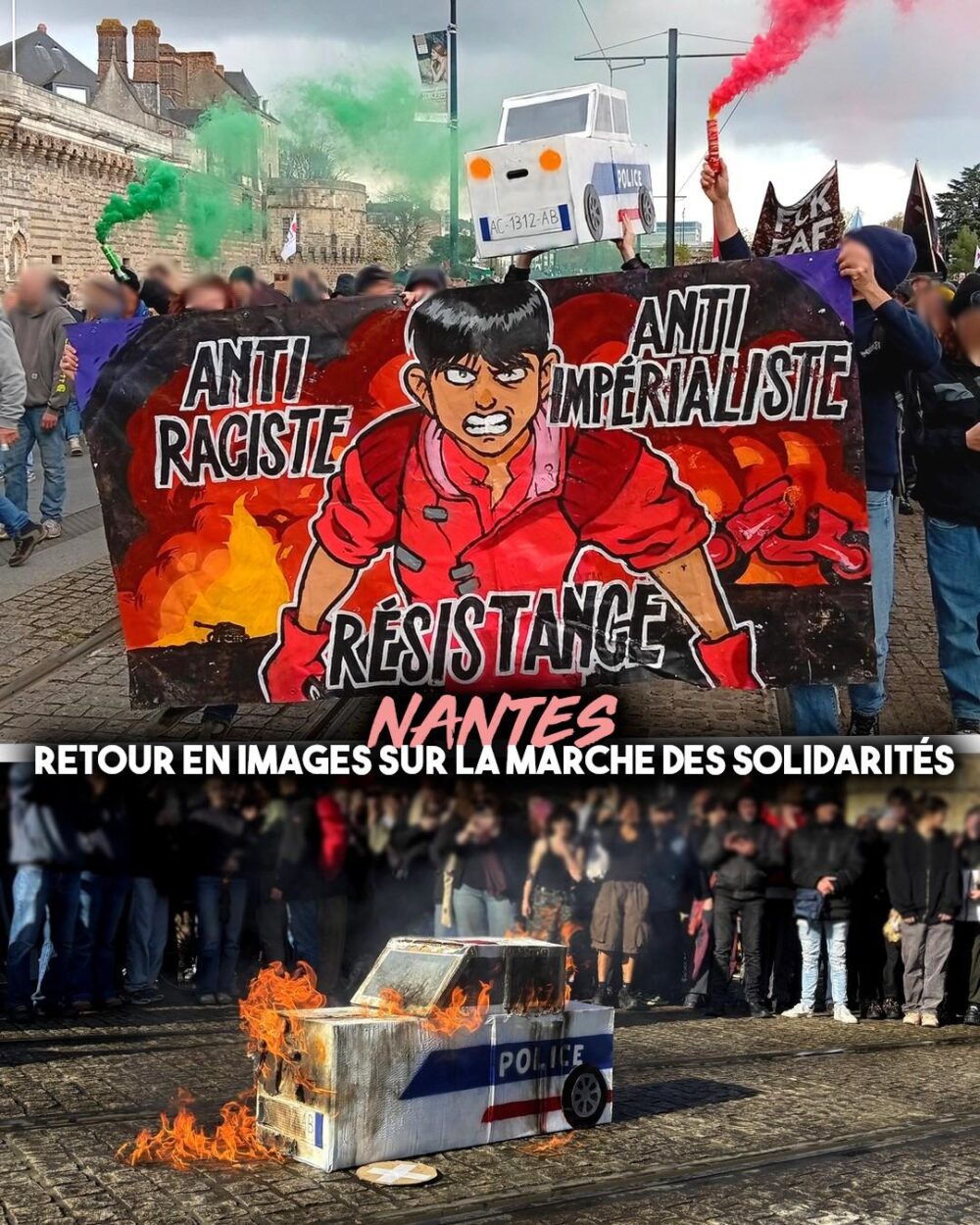 Une banderole reprenant Akira et une voiture de police en carton qui flambe : une idée de l'ambiance lors de la manifestation du 14 mars à Nantes