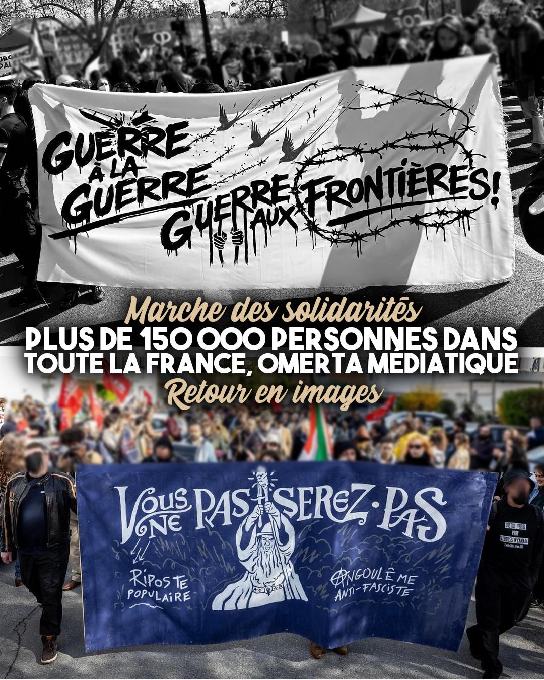Deux banderoles pour la Marche des Solidarités du 14 mars 2026 : "Guerre à la guerre, guerre aux frontières" et "Vous ne passerez pas"