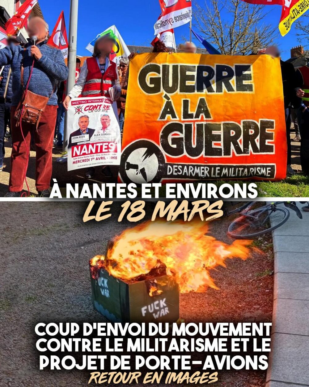 Une banderole "Guerre à la guerre" et un tank en carton en feu contre la construction du nouveau porte-avions de Macron