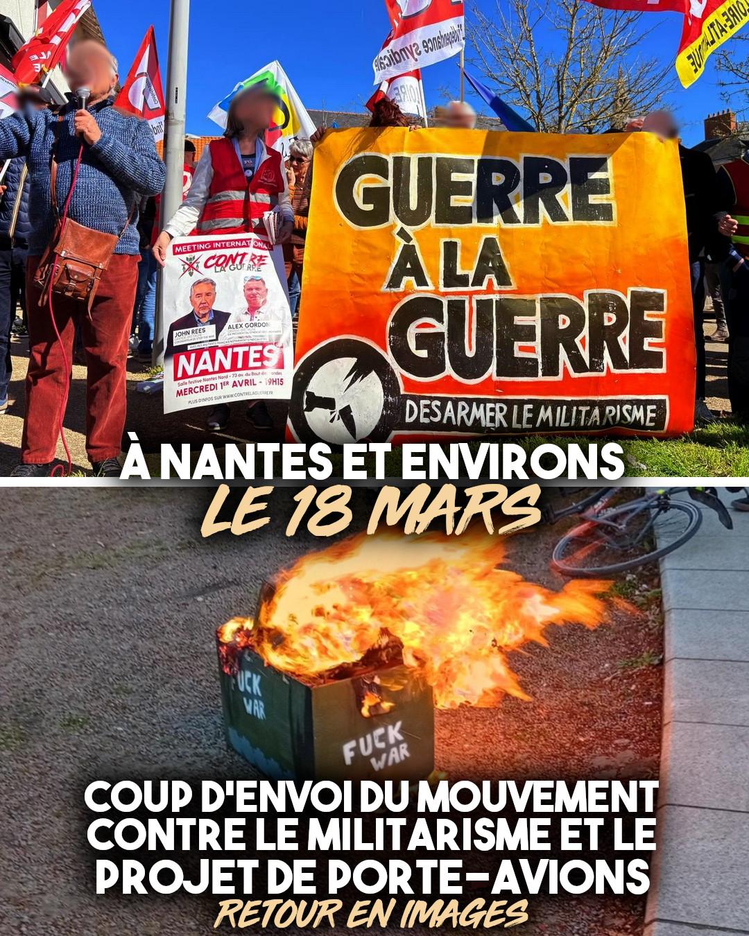 Une banderole "Guerre à la guerre" et un tank en carton en feu contre la construction du nouveau porte-avions de Macron