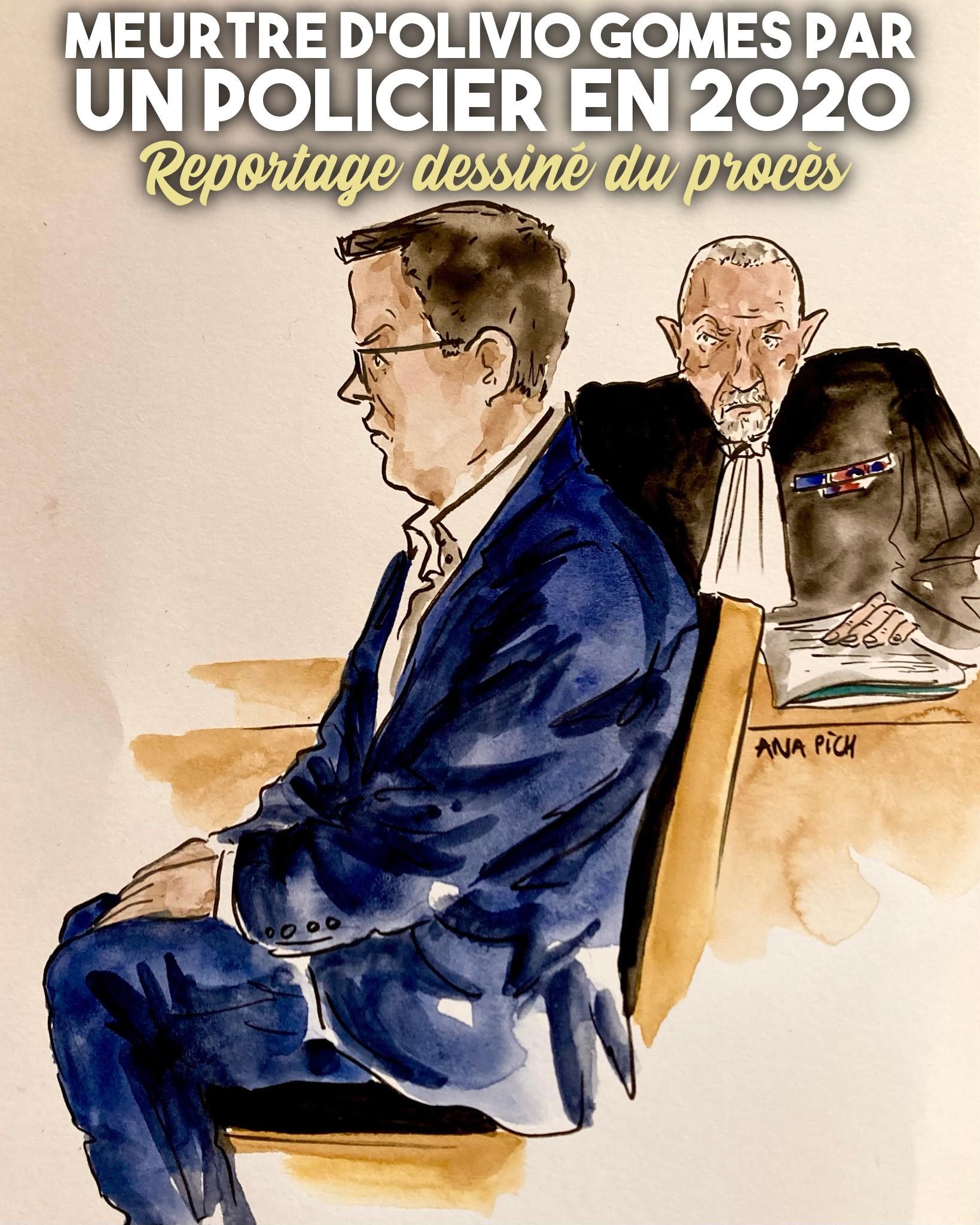 Reportage dessiné au premier jour de procès du policier Gilles G. pour le meurtre d’Olivio Gomes.