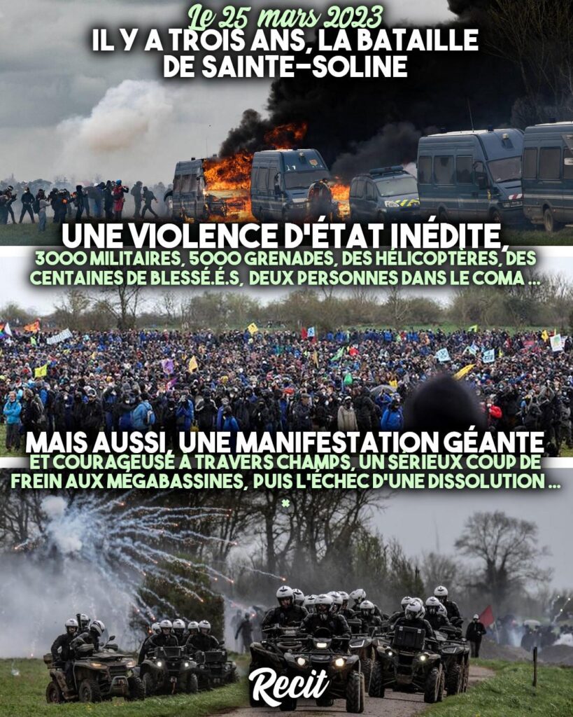 La bataille de Sainte-Soline, le 25 mars 2023, et son lot de répression policière.