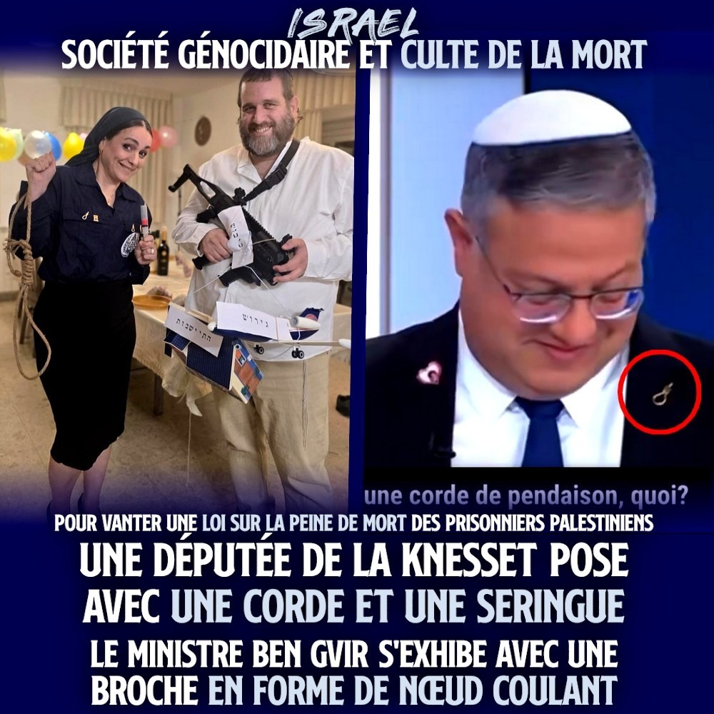 Une députée de la Knesset déguisée en "peine de mort pour les terroristes", tandis que le ministre Itamar Ben Gvir arbore un pin's représentant un nœud coulant à la télévision israélienne.