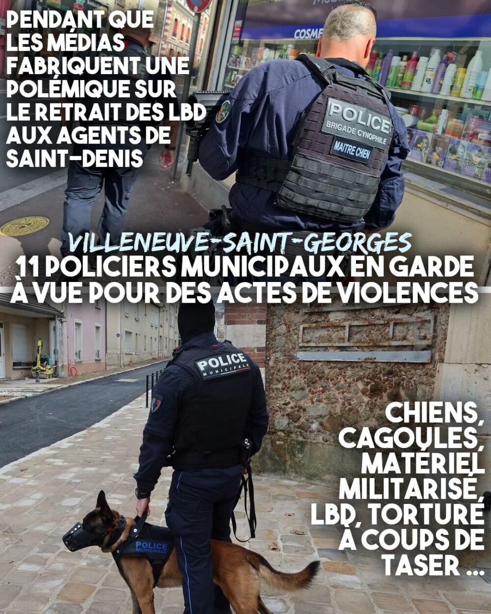 Deux photographies d'agents de la police municipale de Villeneuve-Saint-George, développant un imaginaire sécuritaire et violent.