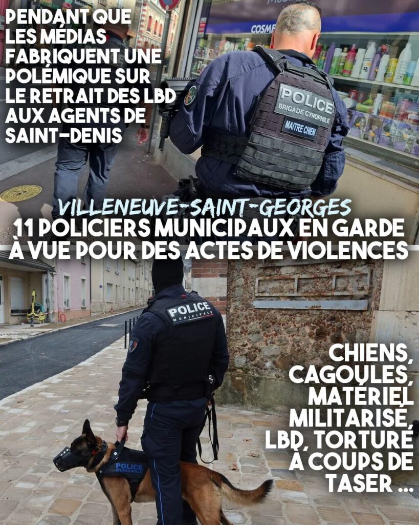 Deux photographies d'agents de la police municipale de Villeneuve-Saint-George, développant un imaginaire sécuritaire et violent.