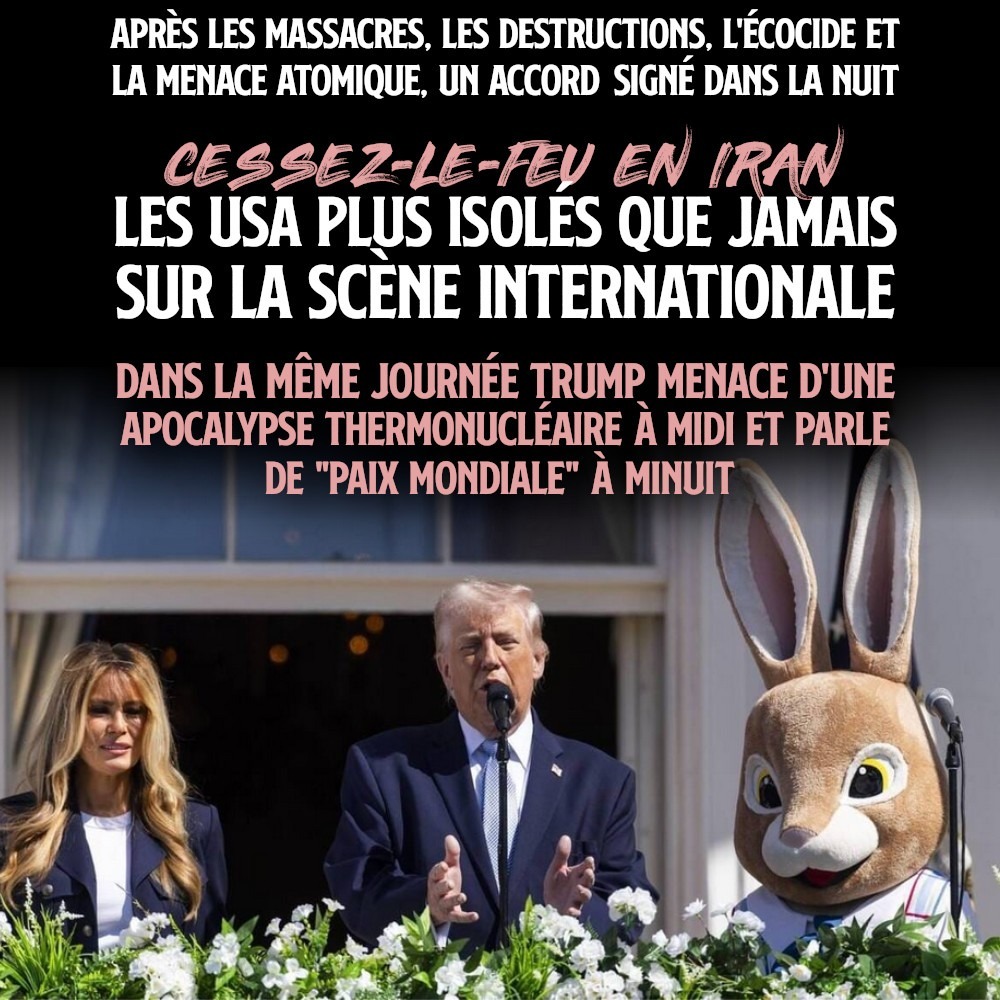 Donald Trump menaçant l'Iran à côté d'un lapin en peluche... avant de signer un cessez-le-feu quelques jours plus tard.
