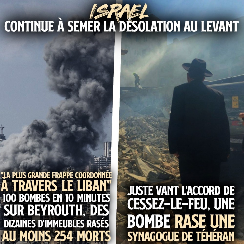 À gauche les bombardement sur Beyrouth, à droite une synagogue détruite par Israël à Téhéran.