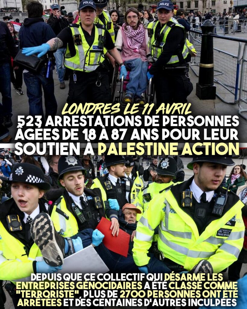 En haut : une personne en fauteuil roulant portée par des policiers.
En bas : Keir Starmer tenant sa pancarte alors qu'il est arrêté par la police londonienne.