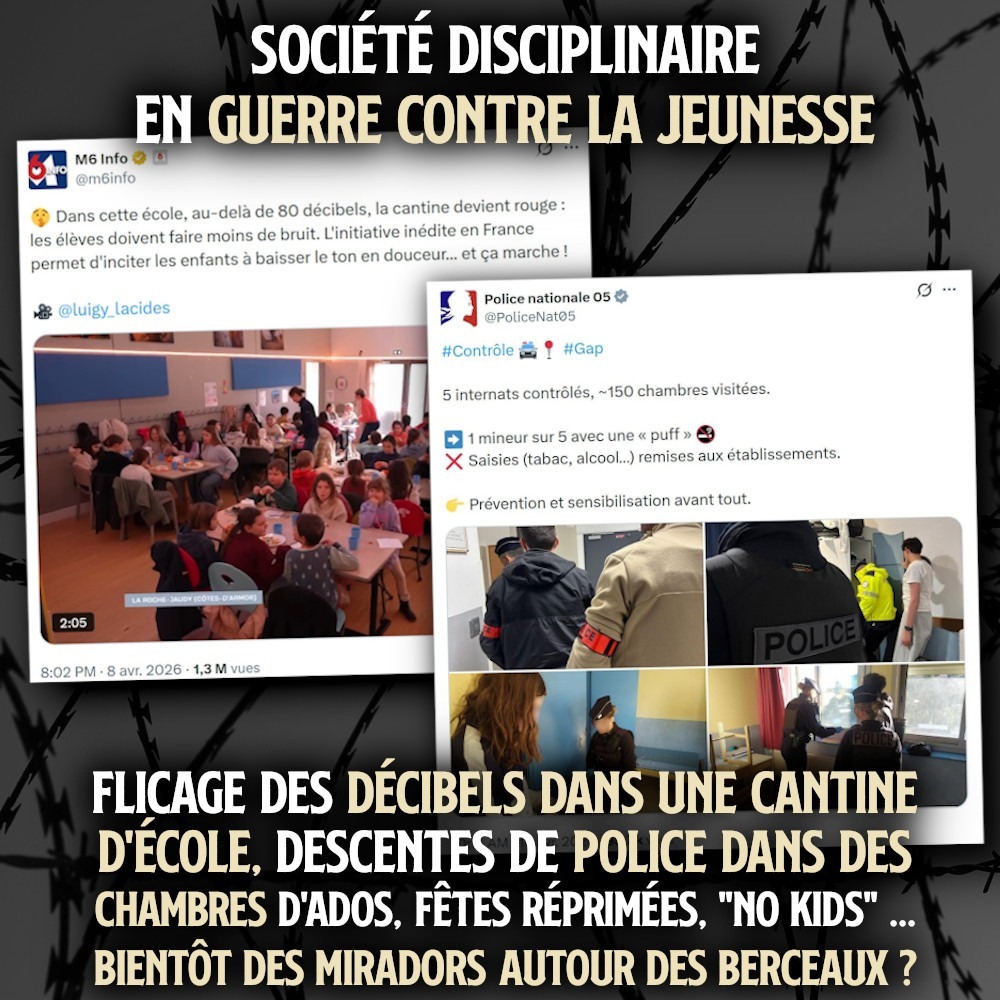 À la cantine des enfants sommés de faire moins de bruit, dans un internt la police fouille des adolescents. La société vieillissante est en guerre contre sa jeunesse.