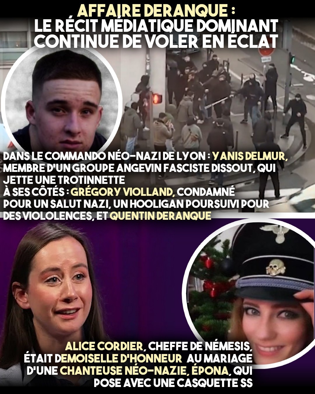 En haut Yanis Delmur, néonazi reconnu lors de la bagarre du 12 février. En bas Alice Cordier, cheffe de Némésis, portant une casquette nazie. L'entourage de Quentin Deranque a vraiment fière allure.