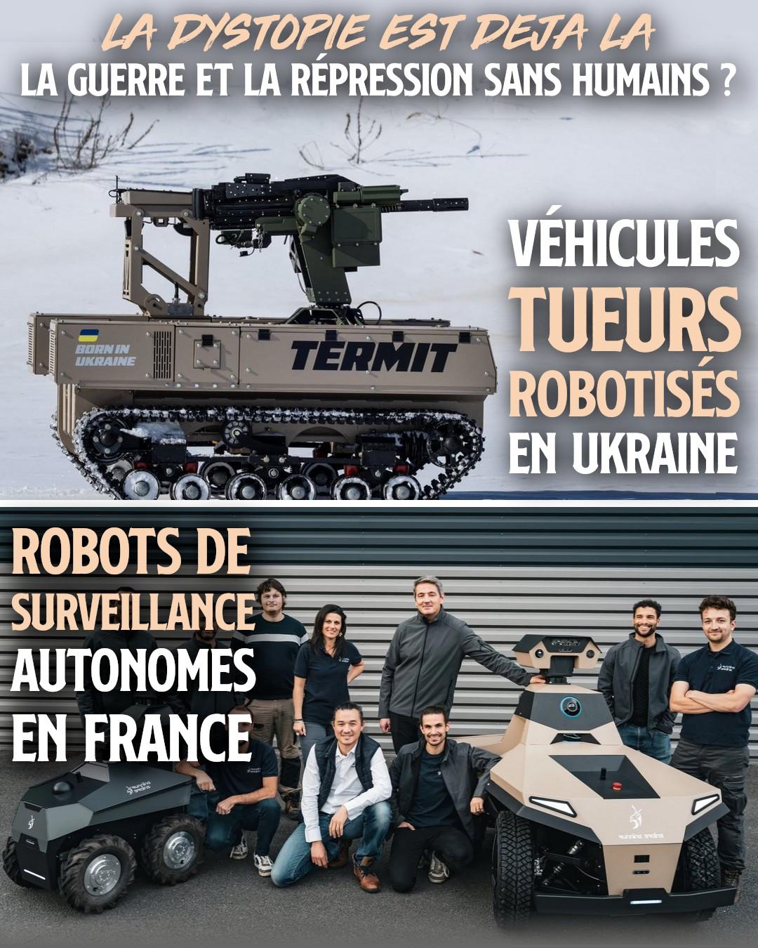 En haut : un blindé TerMIT, drone sans chauffeur sur le front ukrainien. En bas : des robots de surveillance made in France