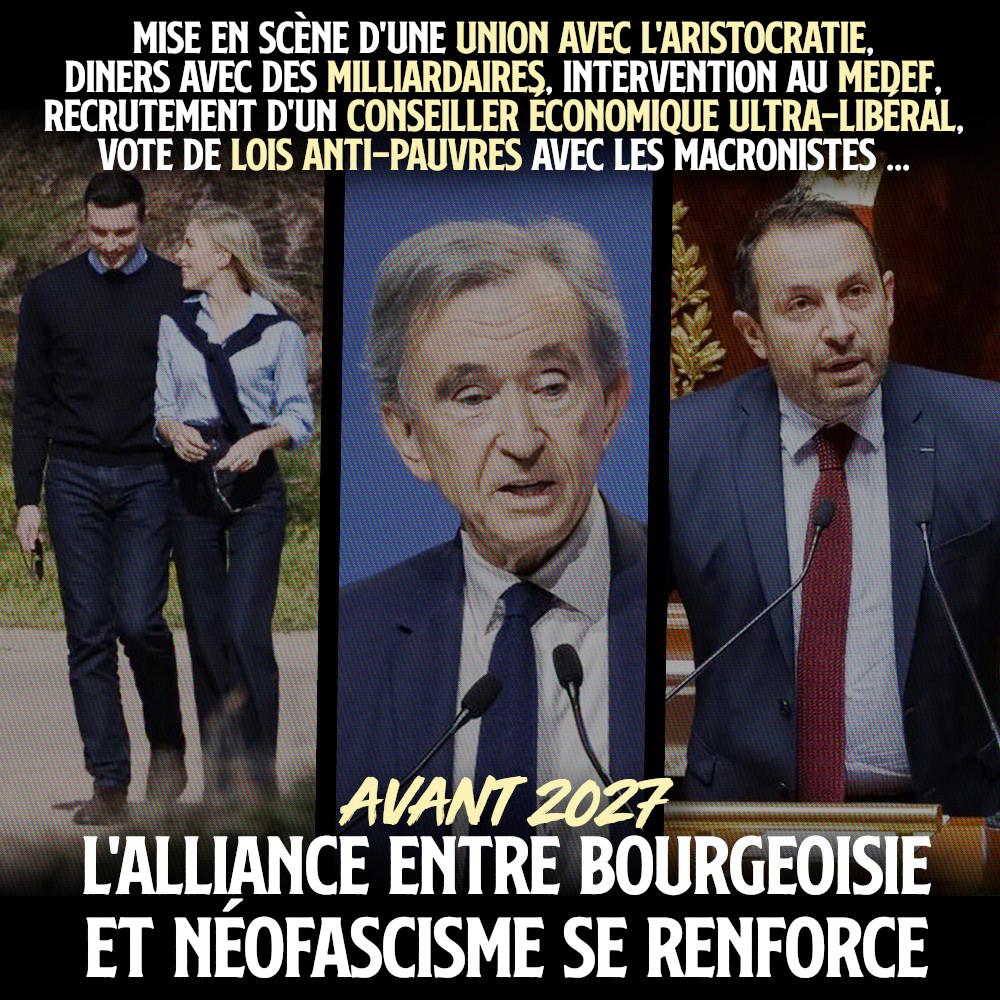 Bardella pris en photo avec la princesse de Bourbon Sicile, Bernard Arnault et Sébastien Chenu à l'Assemblée : à travers le RN, c'est la bourgeoisie qui avance ses pions pour que le fascisme protège ses intérêts en 2027.