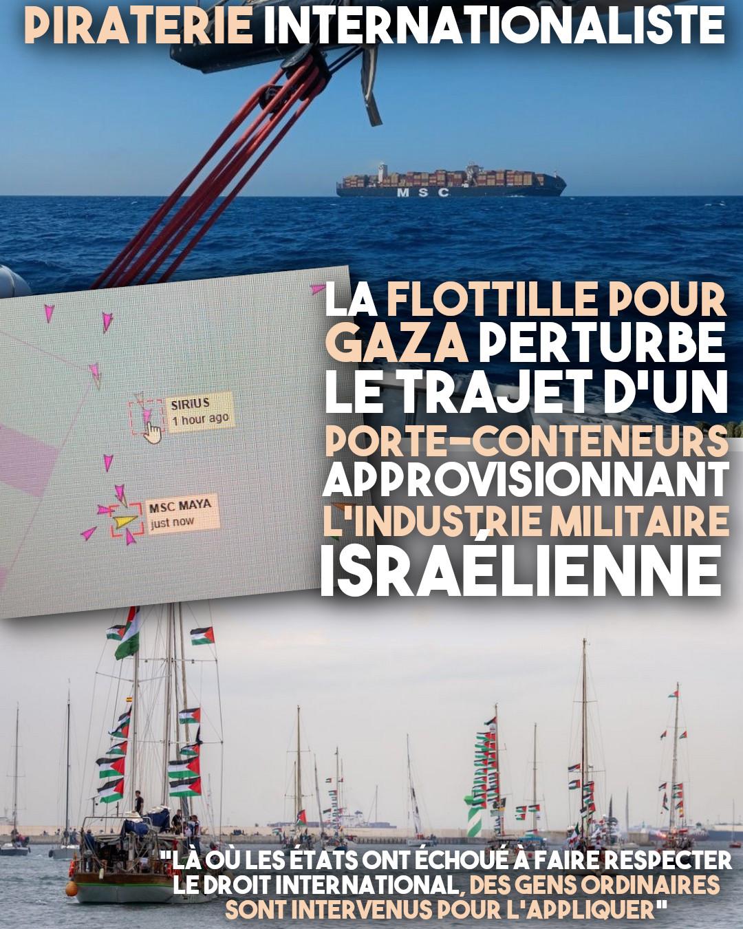 Le MSC Maya, chaérg d'acier pour l'armement israélien, détourné par la flottille de la liberté en solidarité avec Gaza.