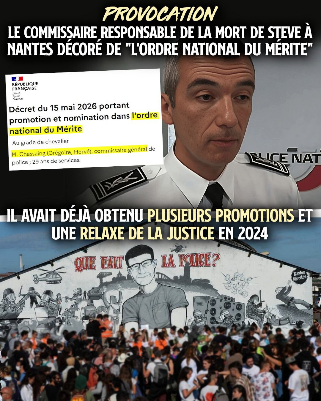 Le commissaire Chassaing au-dessus de la fresque en hommage à Steve et aux victimes de la police à Nantes.
