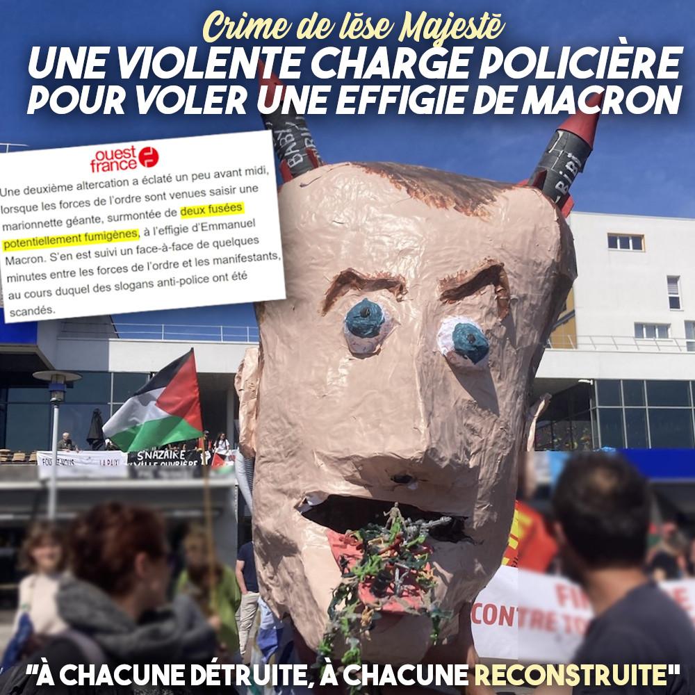 Une grosse tête de carnaval caricaturant Macron, des missiles au-dessus des oreilles et des petits soldats sortant de sa bouche.