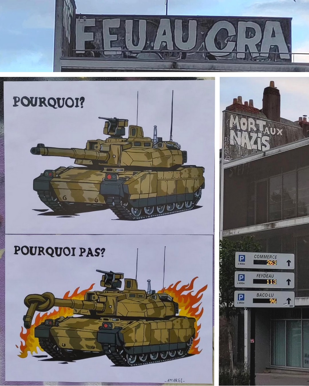 Une affiche contre le militarisme et deux peintures sur les murs de Nantes contre l'extrême droite et le racisme d'État.