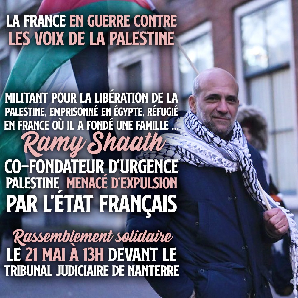 Ramy Shaath en manifestation, keffieh et drapeau palestinien à la main.