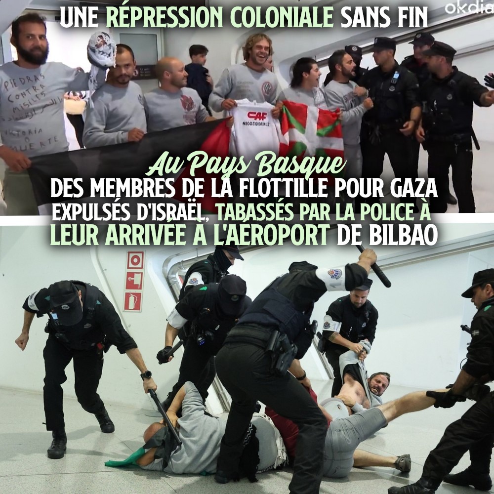 À l'aéroport de Bilbao, au Pays Basque, des policiers violentent les soutiens des membres de la flottille qui revenaient d'Israël.