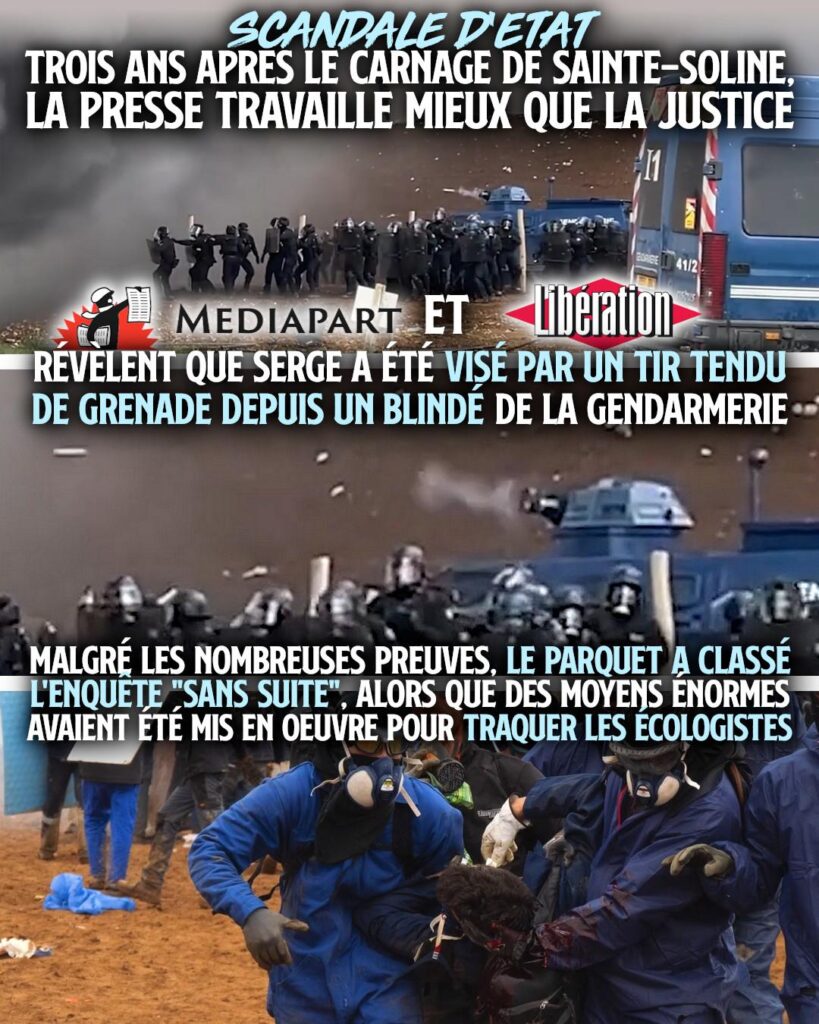 Sous deux angles différents, le tir de grenade qui a plongé Serge dans le coma provient de la tourelle d'un blindé, positionné pour protéger la bassine de Sainte-Soline, soit un trou dans la terre.