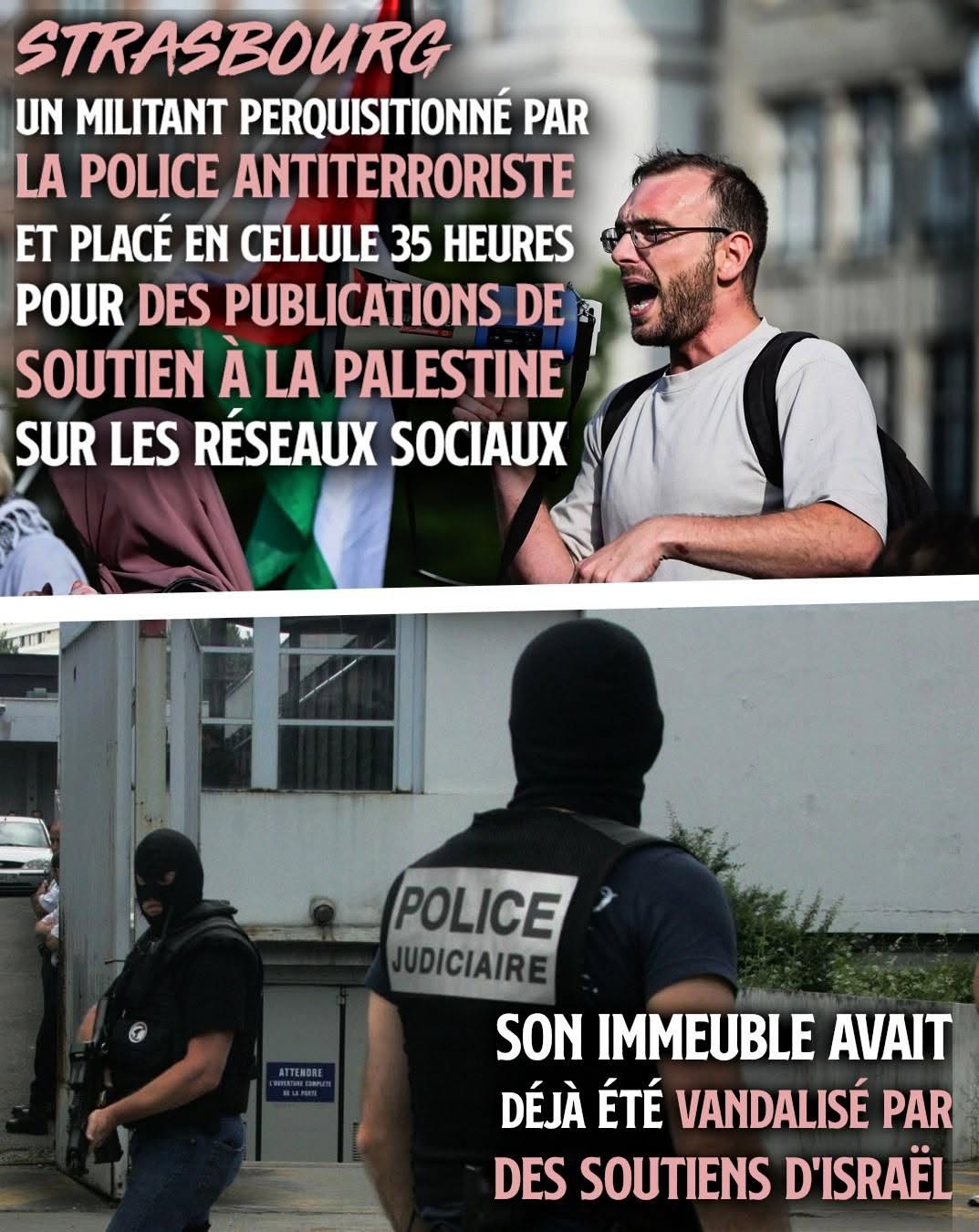 Gabriel crie son soutien à la Palestine dans un mégaphone : il a été perquisitionné par la police anti-terroriste pour avoir dénoncé un génocide.