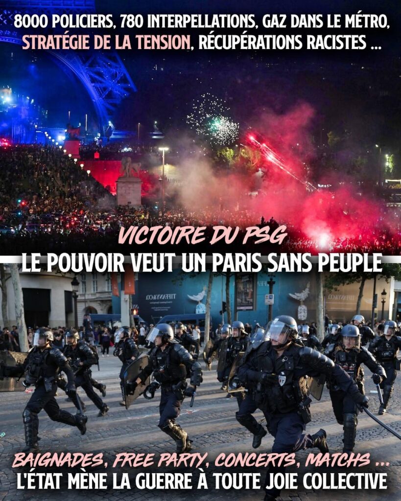 En haut les supporters du PSG fêtent la victoire en coupe d'Europe, en bas des policiers en tenue anti-émeute courent pour les réprimer