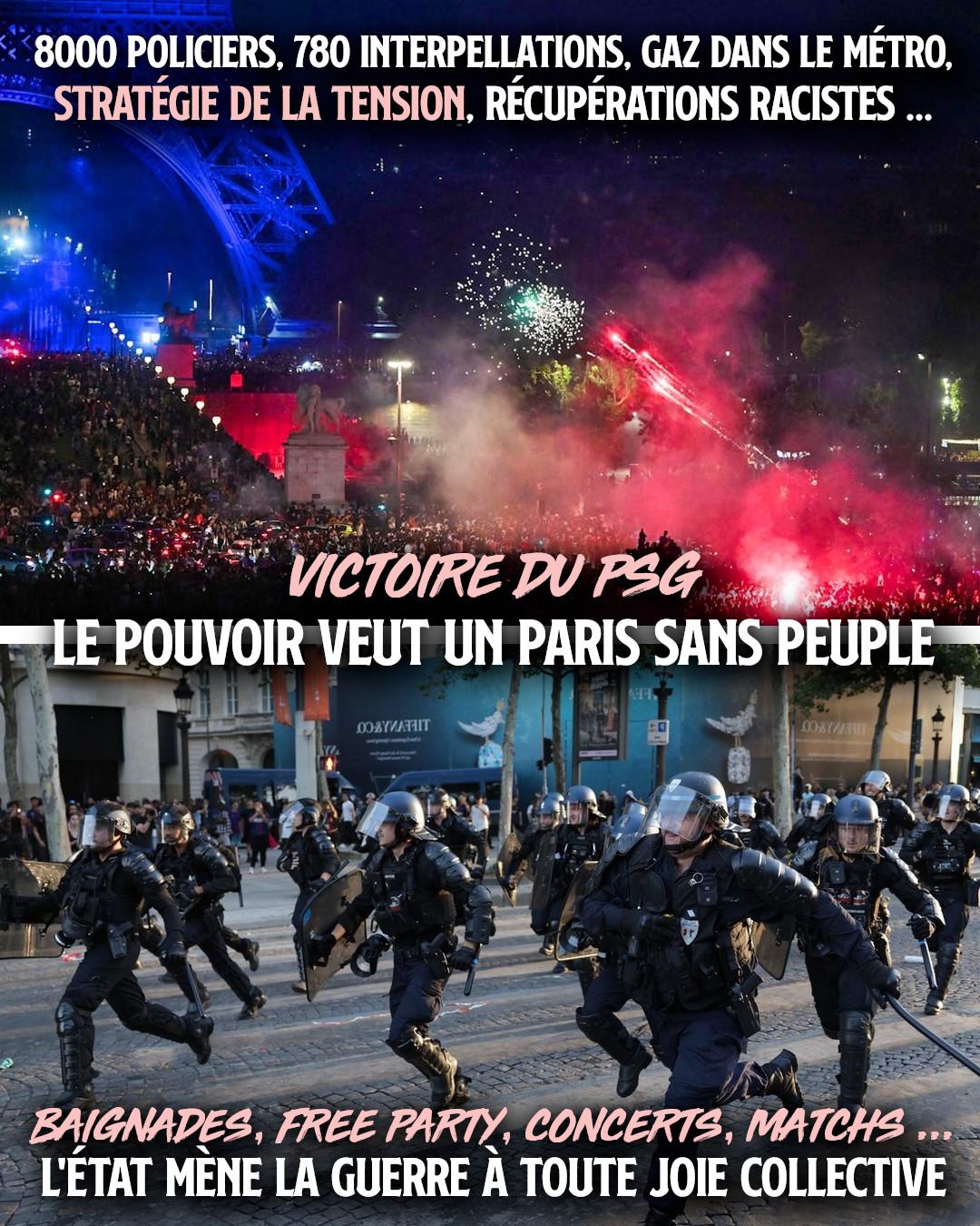 En haut les supporters du PSG fêtent la victoire en coupe d'Europe, en bas des policiers en tenue anti-émeute courent pour les réprimer