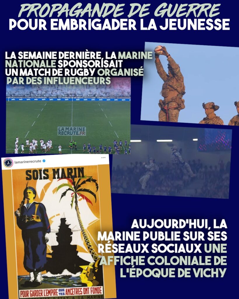 Des militaires brandissant un ballon de rugby, de la pub pour la Marine sur la pelouse et une affiche coloniale du régime de Vichy publiée sur Instagram : la propagande de guerre déploie des moyens outranciers.
