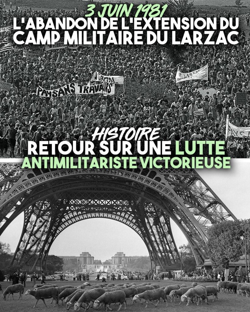 Des milliers de personnes sur le plateau du Larzac en haut, un troupeau de brebis qui se balade devant la Tour Eiffel en bas.