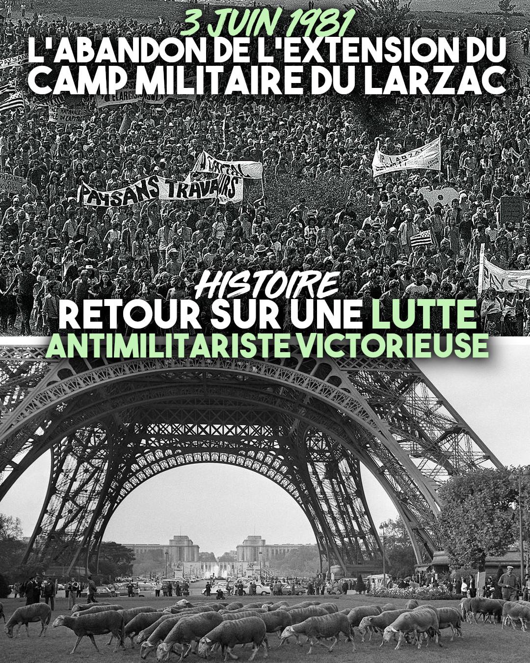 Des milliers de personnes sur le plateau du Larzac en haut, un troupeau de brebis qui se balade devant la Tour Eiffel en bas.