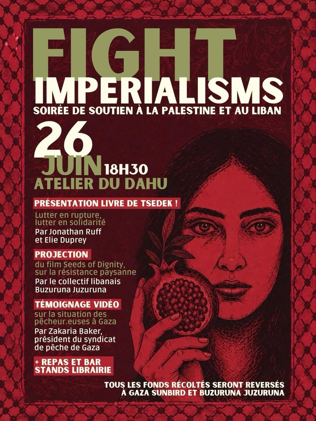 L'affiche de la soirée de soutien à la Palestine et au Liban qui aura lieu à Nantes le 26 juin prochain