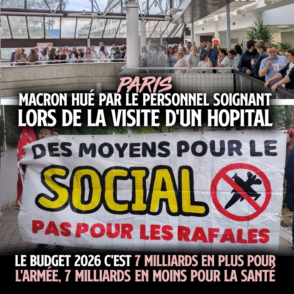 À l’hôpital Robert Debré, à Paris, le personnel soignant est mobilisé avec des banderoles contre l'armement.