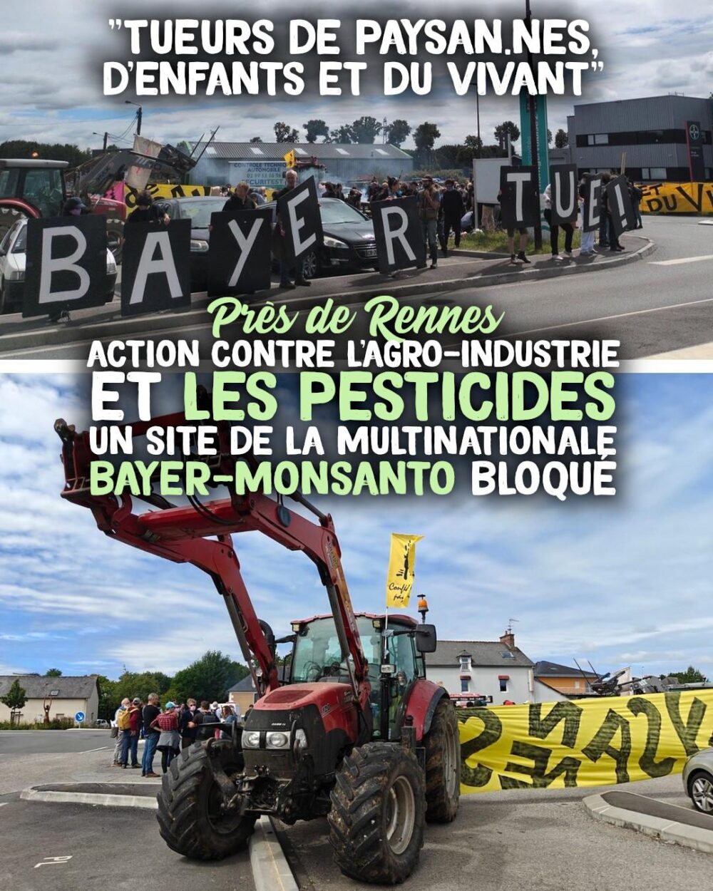 Devant le site de recherche et développement de Bayer-Monsanto, des tracteurs paysans bloquent l'expérimentation de pesticides pour une journée.