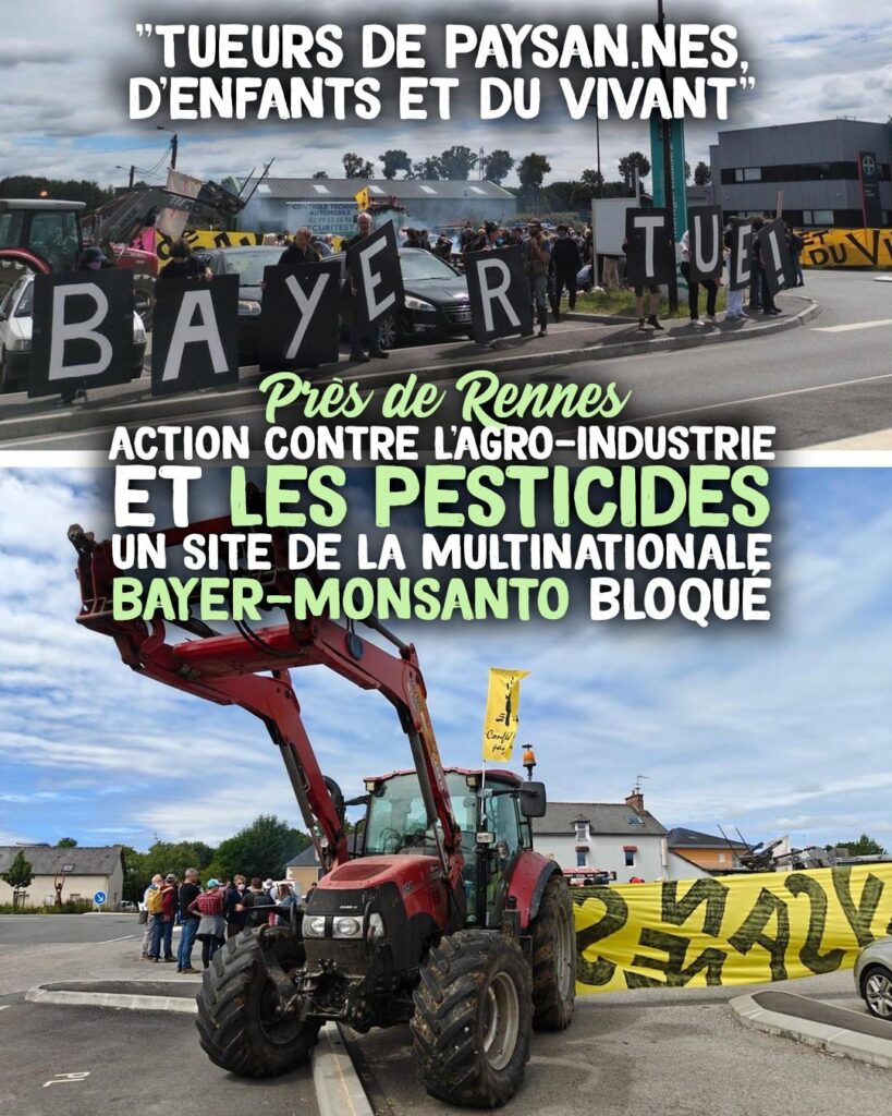 Devant le site de recherche et développement de Bayer-Monsanto, des tracteurs paysans bloquent l'expérimentation de pesticides pour une journée.