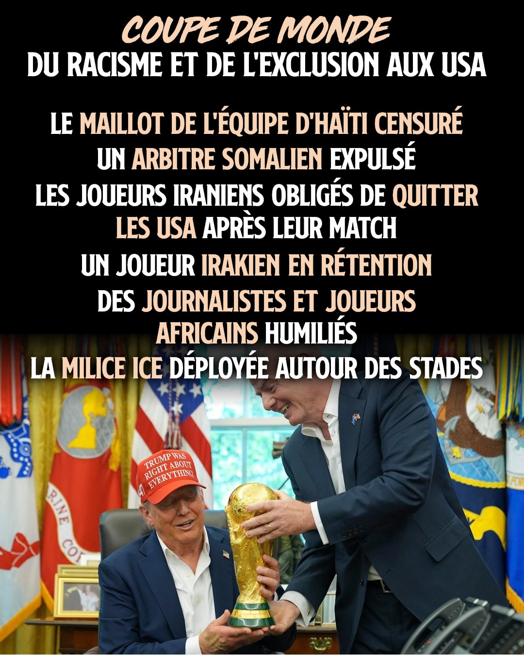 Donald Trump recevant le trophée de la Coupe du Monde de football, qui se tient actuellement aux États-Unis, au Canada et au Mexique.