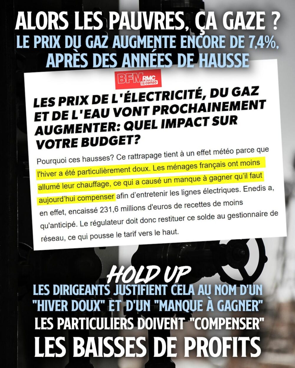 Une vanne permettant de couper l'arrivée du gaz. Et si on décidait de couper l'arrivée des profits suite à l'augmentation des prix ?