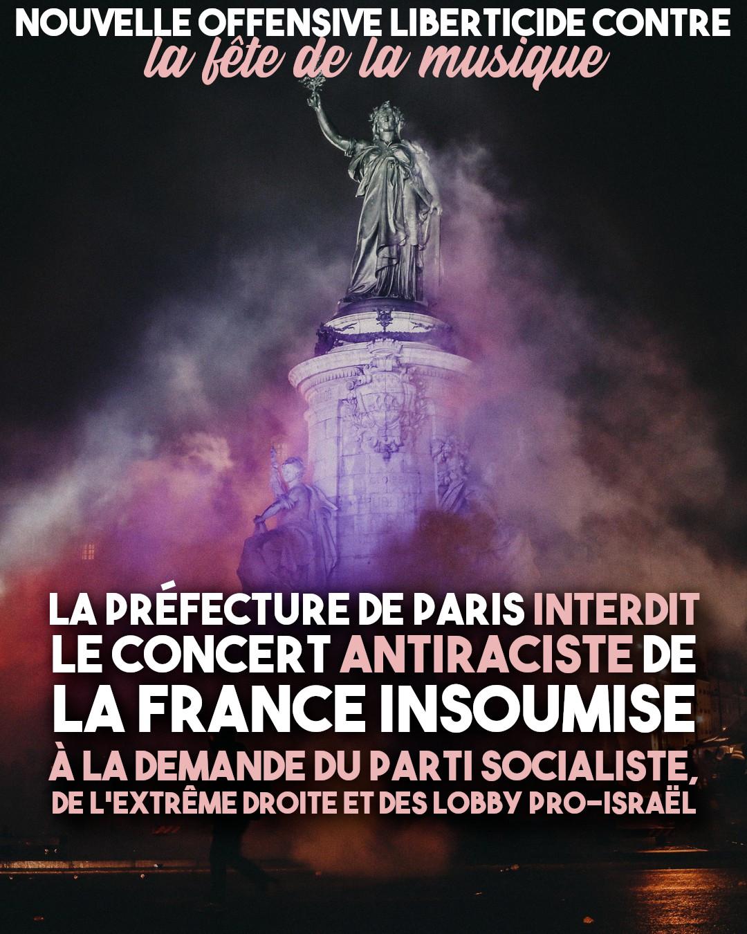 La statue de la place de la République, où doit se tenir le concert antiraciste de la France Insoumise pour la fête de la musique