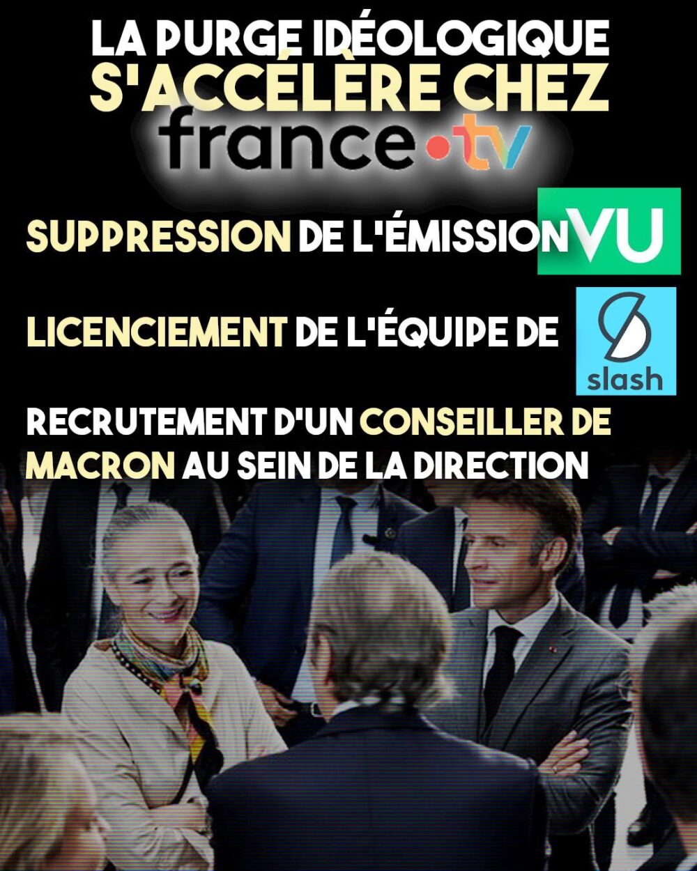 Delphine Ernotte, à la tête de France Télévisions, discute en souriant avec Emmanuel Macron.