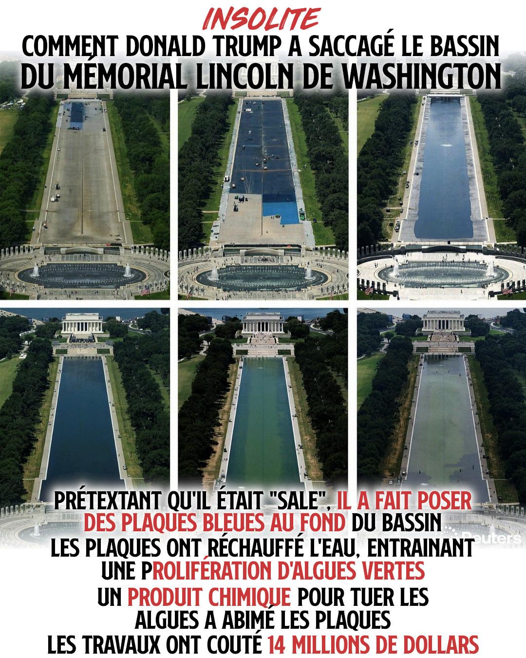 Les différentes étapes du désastre après que Donald Trump ait fait "rénover" le bassin du Lincoln Memorial