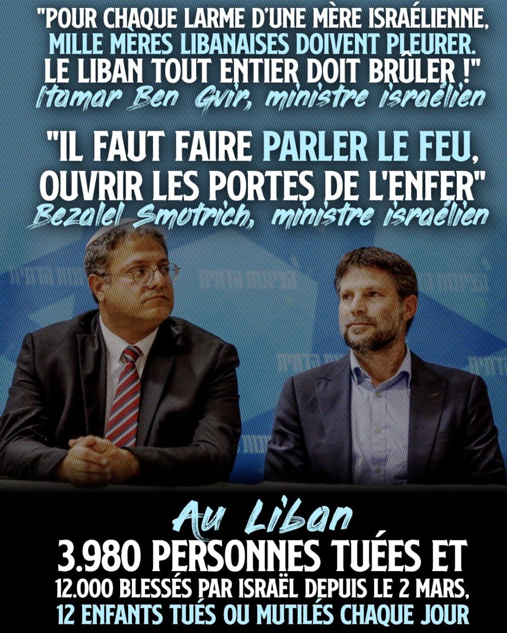 Itamar Ben Gvir et Bezalel Smotrich, deux ministres israéliens, fascistes fanatisés qui veulent s'approprier le Liban par le sang.