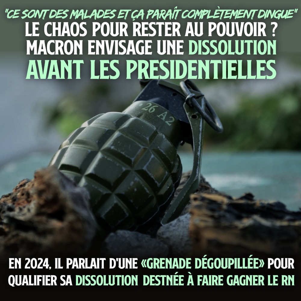 Une grenade militaire, symbolisant un autre genre de grenade que Macron pourrait vouloir utiliser avant les présidentielles : la dissolution de l'Assemblée Nationale