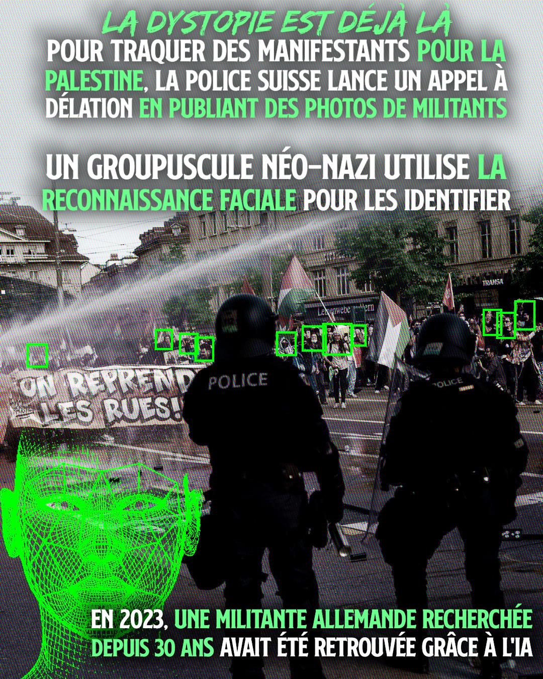 Une manifestation pour la Palestine reçoit un canon à eau, alors qu'une intelligence artificielle analyse les membres du cortège.