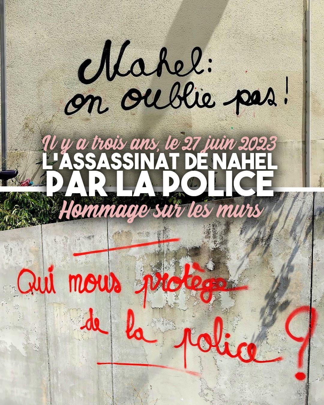 Les tags "Nahel on oublie pas" et "Qui nous protège de la police ?" sur les murs de Nantes pour les 3 ans de l'assassinat de l'adolescent.