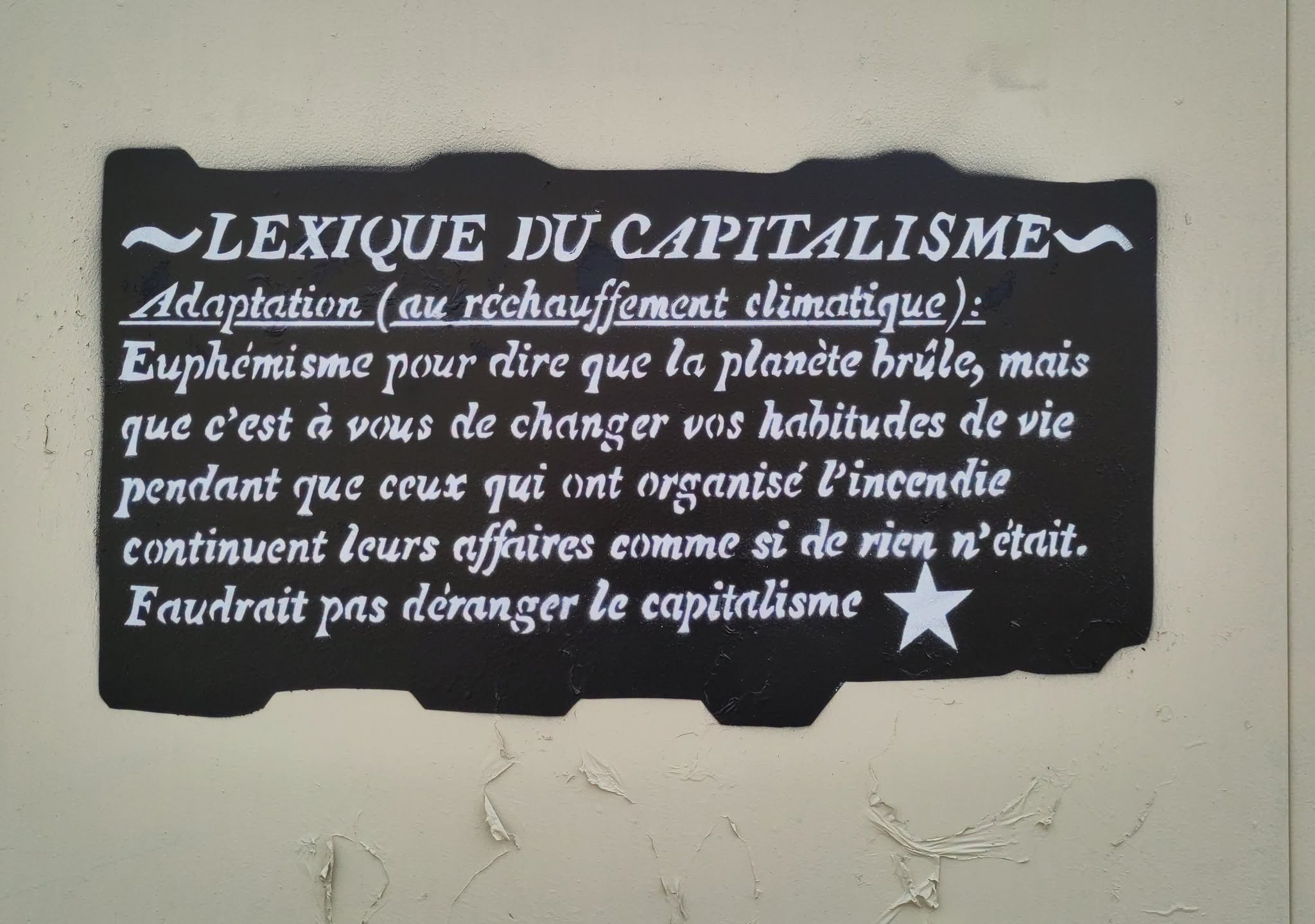 «Adaptation (au réchauffement climatique) : Euphémisme pour dire que la planète brûle, mais que c'est à vous de changer vos habitudes de vie pendant que ceux qui ont organisé l'incendie continuent de faire leurs affaires comme si de rien n'était. Faudrait pas déranger le capitalisme»