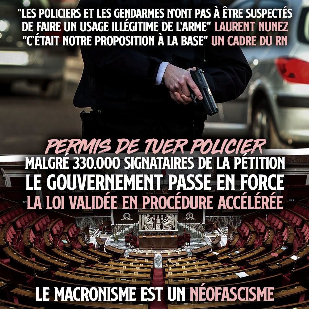 En haut un policier empoigne son arme de service. En bas l'Assemblée Nationale, où le permis de tuer vient d'être validé pour la police.