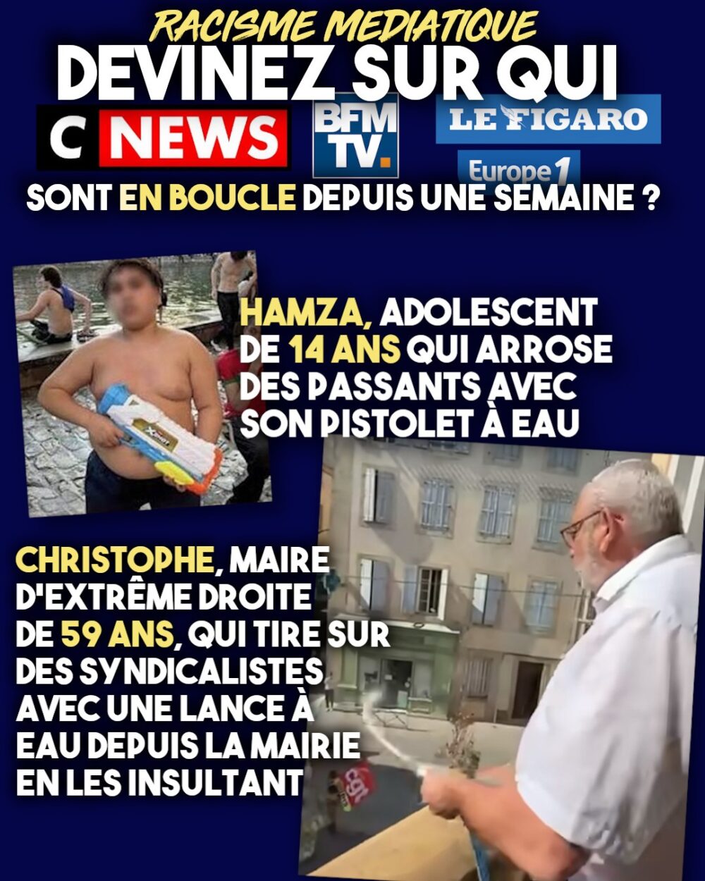 Hamza jouant avec son pistolet à eau fait plus de bruit dans les médias qu'un maire RN qui arrose des syndicalistes.