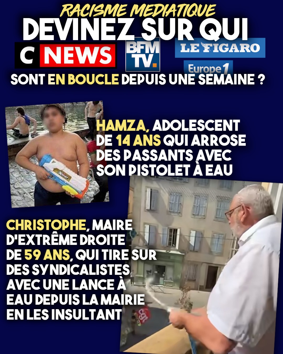 Hamza jouant avec son pistolet à eau fait plus de bruit dans les médias qu'un maire RN qui arrose des syndicalistes.
