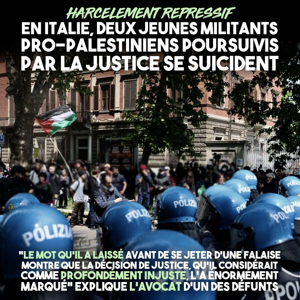 La police italienne face à une manifestation pour la Palestine : un harcèlement répressif qui a abouti à deux suicides de militants.