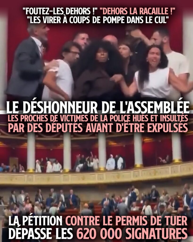 Des familles de victimes de la police en haut de l'hémicycle réclament la justice alors que l'Assemblée vote le permis de tuer.